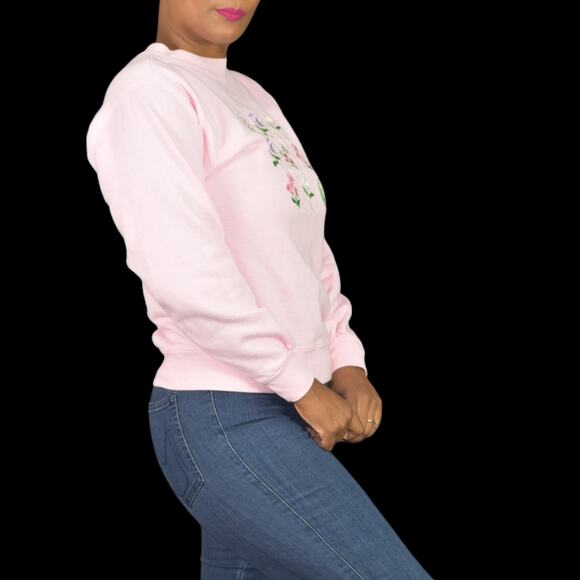 Vintage PBJ Embroidered Sweatshirt Pink Flowers Floral Garden 80s Pastel Small - Picture 6 of 16